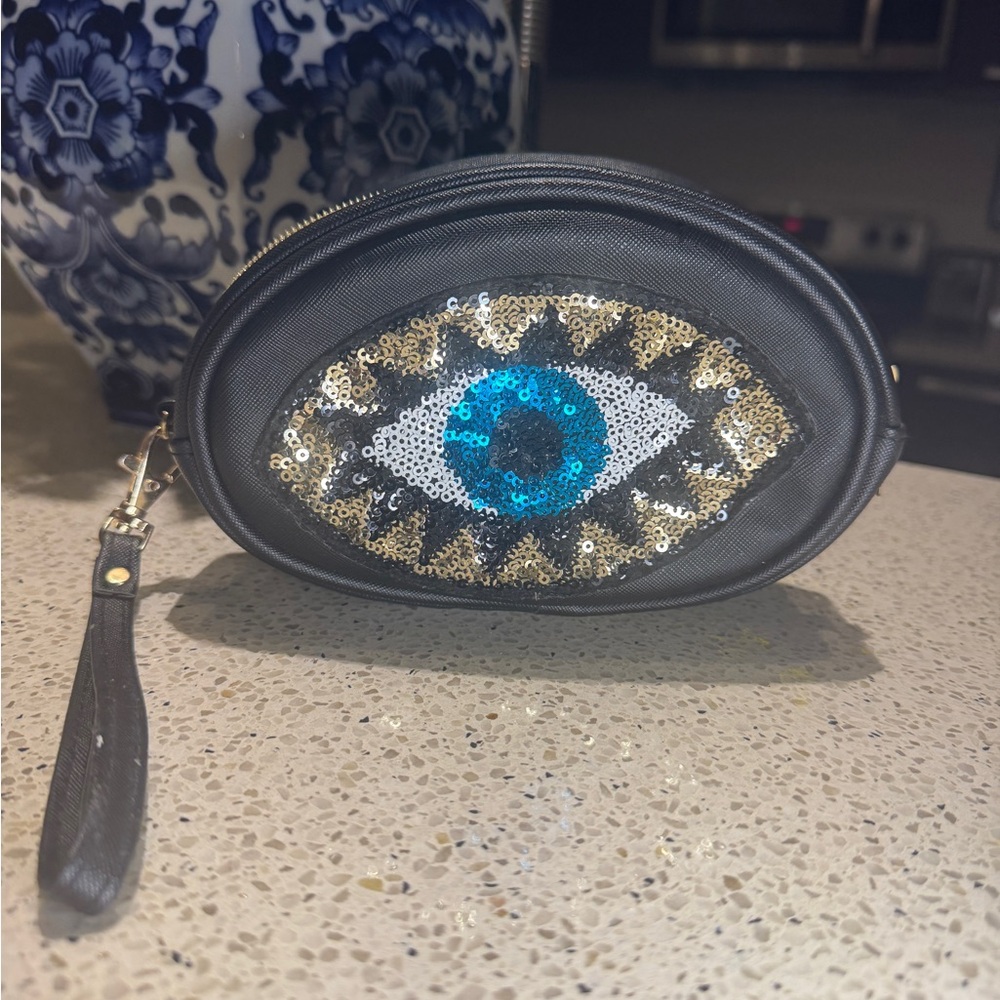 Black Sequin Evil Eye Wristlet Pouch